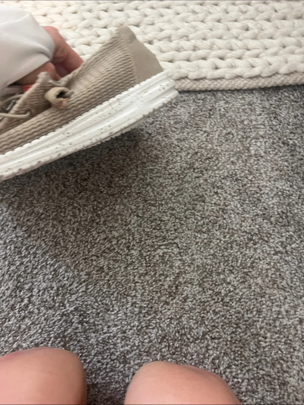 Hey Dude Tan Knit Slip-On Sneakers with Subtle Red Accents-worn only 2 times